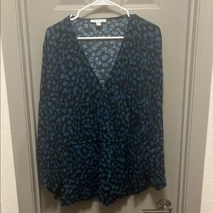 Blue and Black Long Sleeve Wrap Blouse